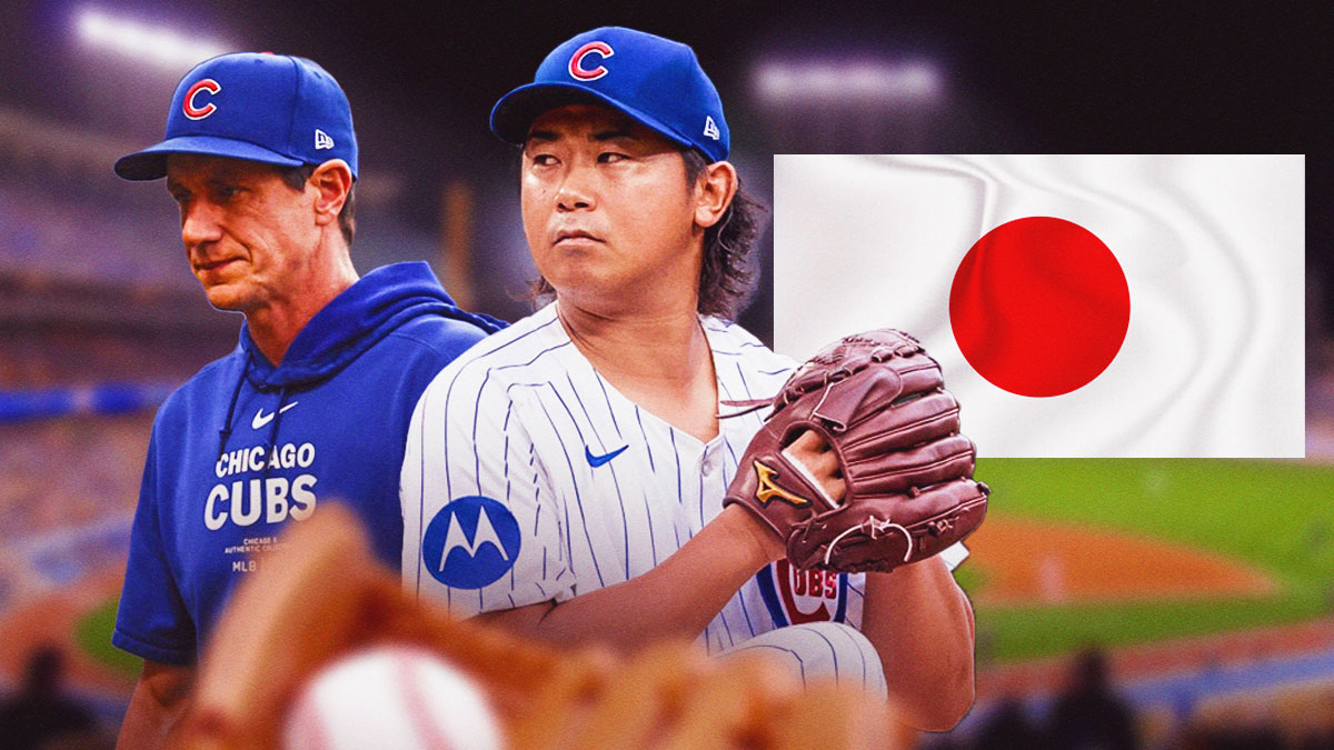 Chicago Cubs starting pitcher Shota Imanaga pitching in center, Chicago Cubs manager Craig Counsell on left side, Japanese flag on right side, Tokyo Dome (host of Los Angeles Dodgers versus Chicago Cubs 2025 Tokyo Series) in background