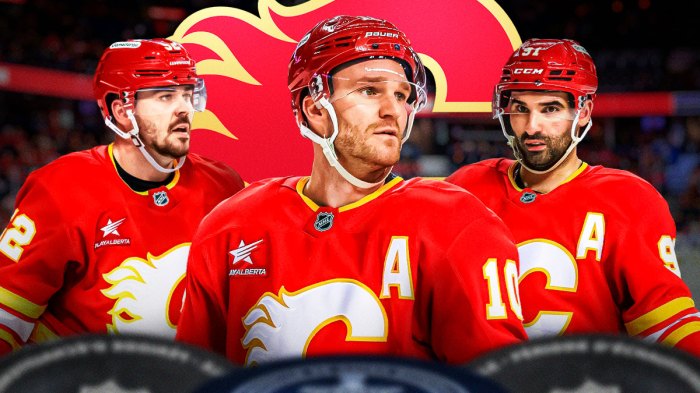 Jonathan Huberdeau, Nazem Kadri and Mackenzie Weegar in image, Calgary Flames logo in background, hockey rink in background