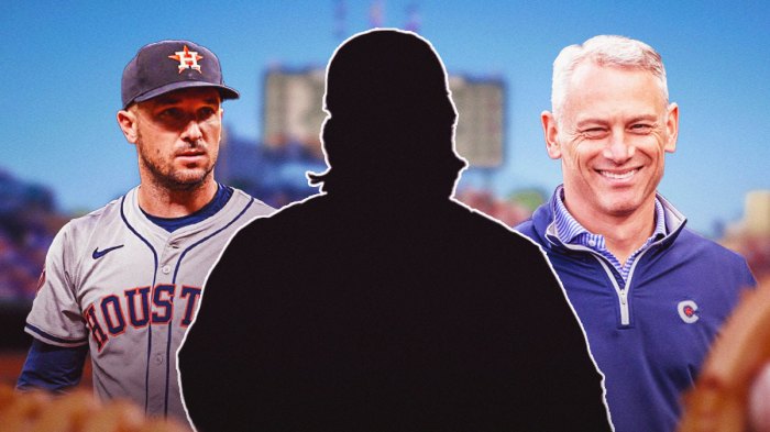 Silhouette of Justin Turner at the Cubs' Wrigley Field. Alex Bregman and Jed Hoyer in background