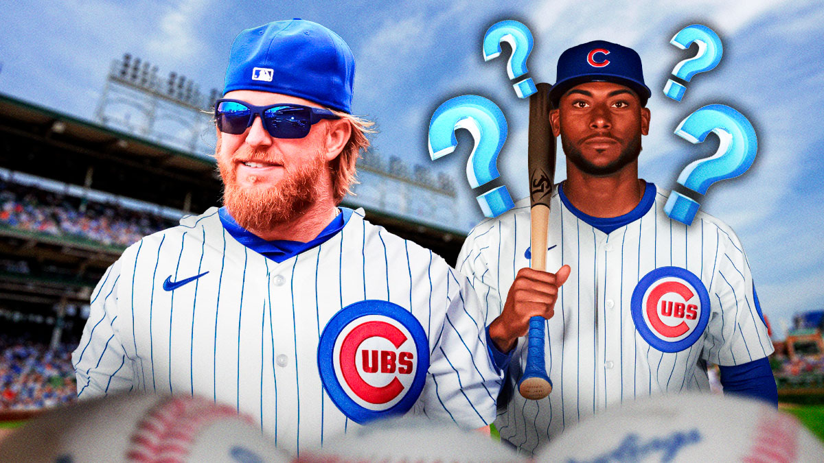 Justin Turner in a Cubs jersey on left. Cubs Alexander Canario on right. However, please place question marks all around Canario.