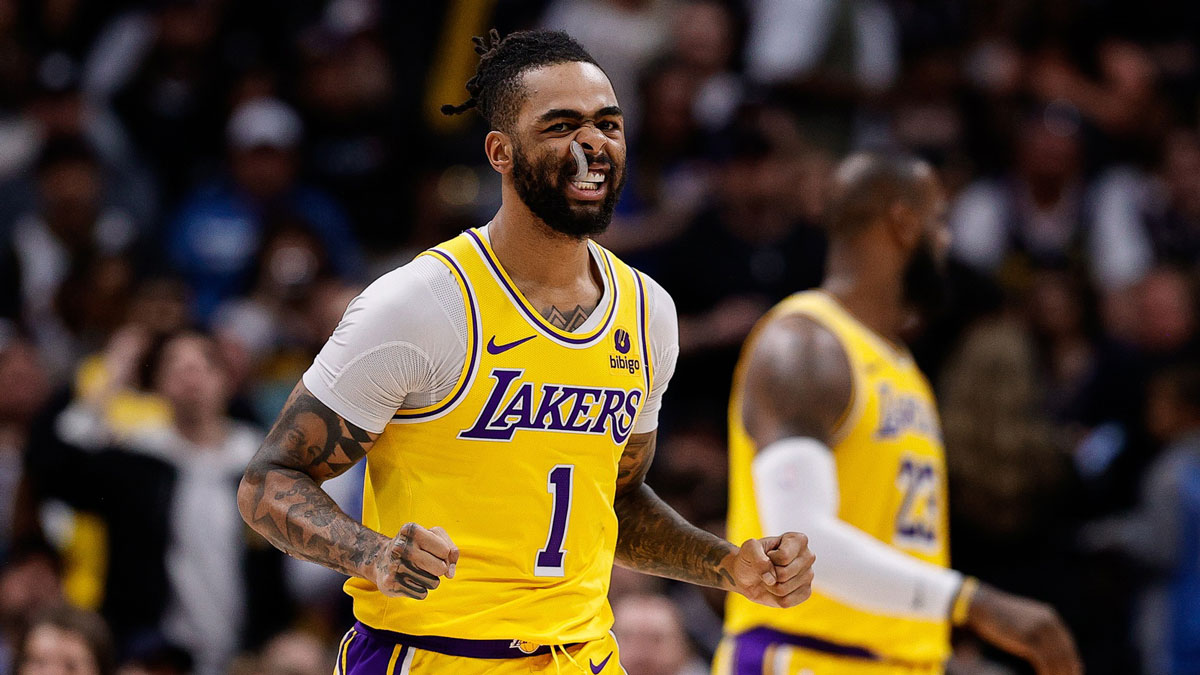 Los Angeles Lakers Guard D'Angelo Russell (1) reacts after playing in the third quarter against Nuggets Denver during the first round of the playoffs on the Ball Arena. 