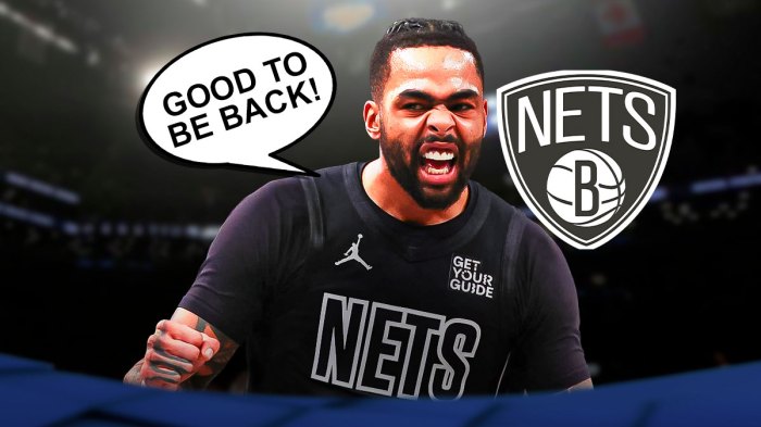 D'Angelo Russell saying 'Good to be back!' with a Nets logo next to him