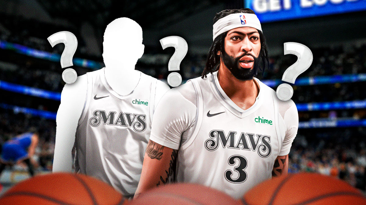 Anthony Davis and another silhouetted Dallas Mavericks player, 3-5 question marks, basketball court in background, Mavericks logo