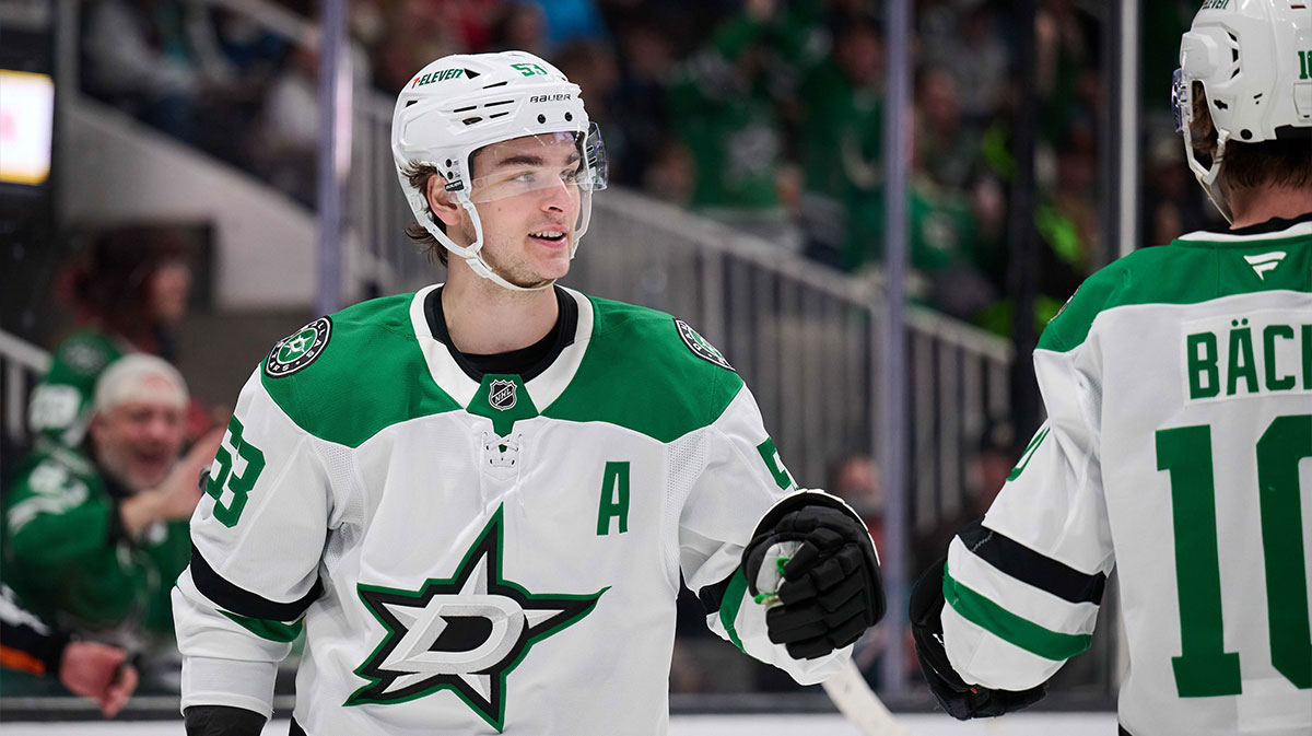 Dallas Stars center Wyatt Johnston (53) celebrates with center Oskar Back (10) after scoring a goal against the San Jose Sharks during the third period at SAP Center at San Jose.