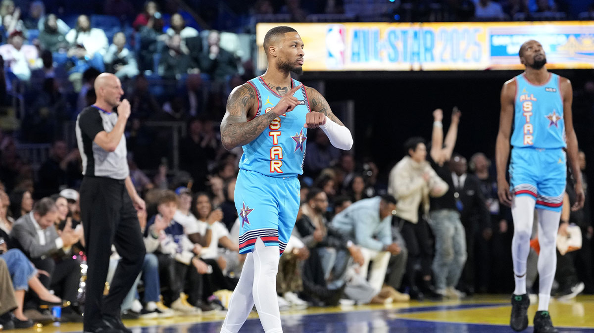 Shak's OGS The Damian Lillard (0) Millwaukee Bucks reacts to the game against the growing stars Candace during 2025 NBA All Star Games in Chase Center.