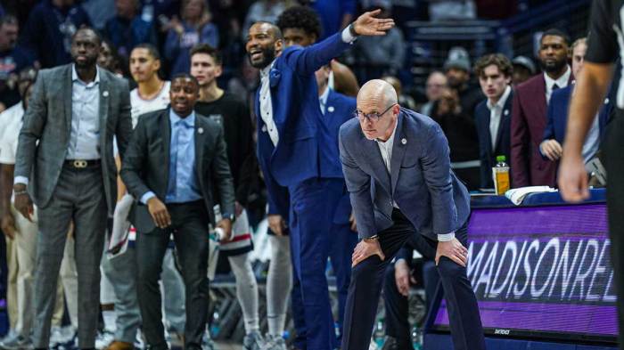 Feb 7, 2025; Storrs, Connecticut, USA; UConn Huskies head coach Dan Hurley watches from the sideline as they take on the St. John's Red Storm at Harry A. Gampel Pavilion. Mandatory Credit: David Butler II-Imagn Images
