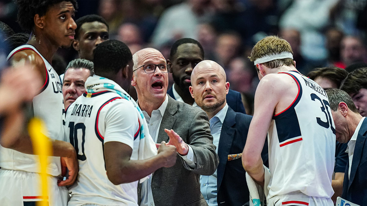 UConn Huskies head coach Dan Hurley watches from the sideline as they take on the Villanova Wildcats at XL Center.