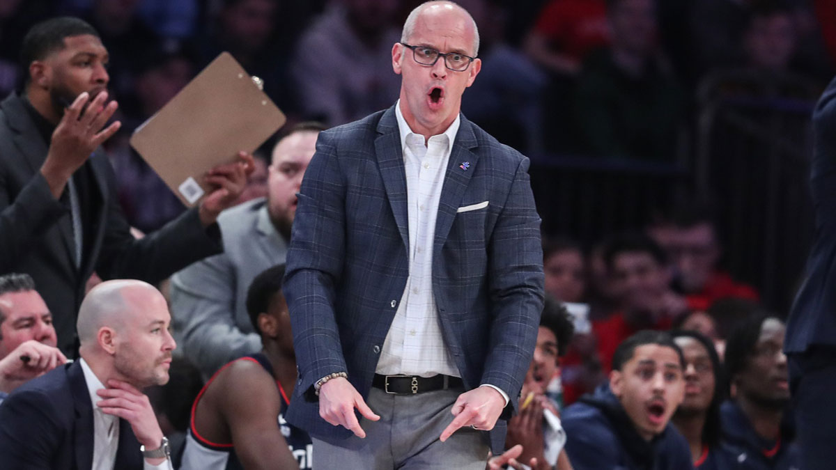 Connecticut Huskies head coach Dan Hurley reacts after a call in the first half against the St. John's Red Storm at Madison Square Garden