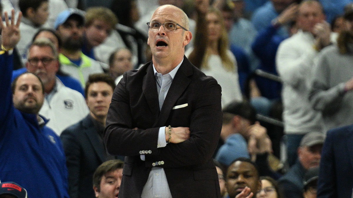 Connecticut Huskies head coach Dan Hurley calls out a play against the Creighton Bluejays during the second half at CHI Health Center Omaha.