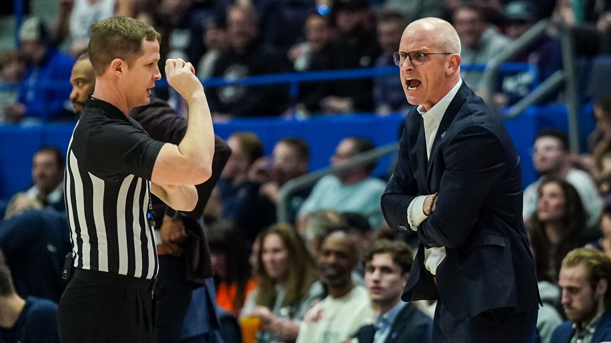 UConn Huskies head coach Dan Hurley reacts from the sideline as they take on the Georgetown Hoyas at XL Center.