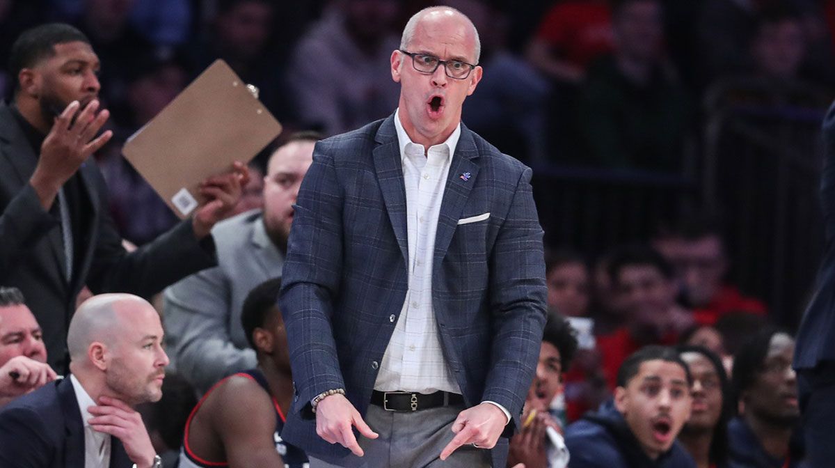 Connecticut Huskies head coach Dan Hurley reacts after a call in the first half against the St. John's Red Storm at Madison Square Garden.