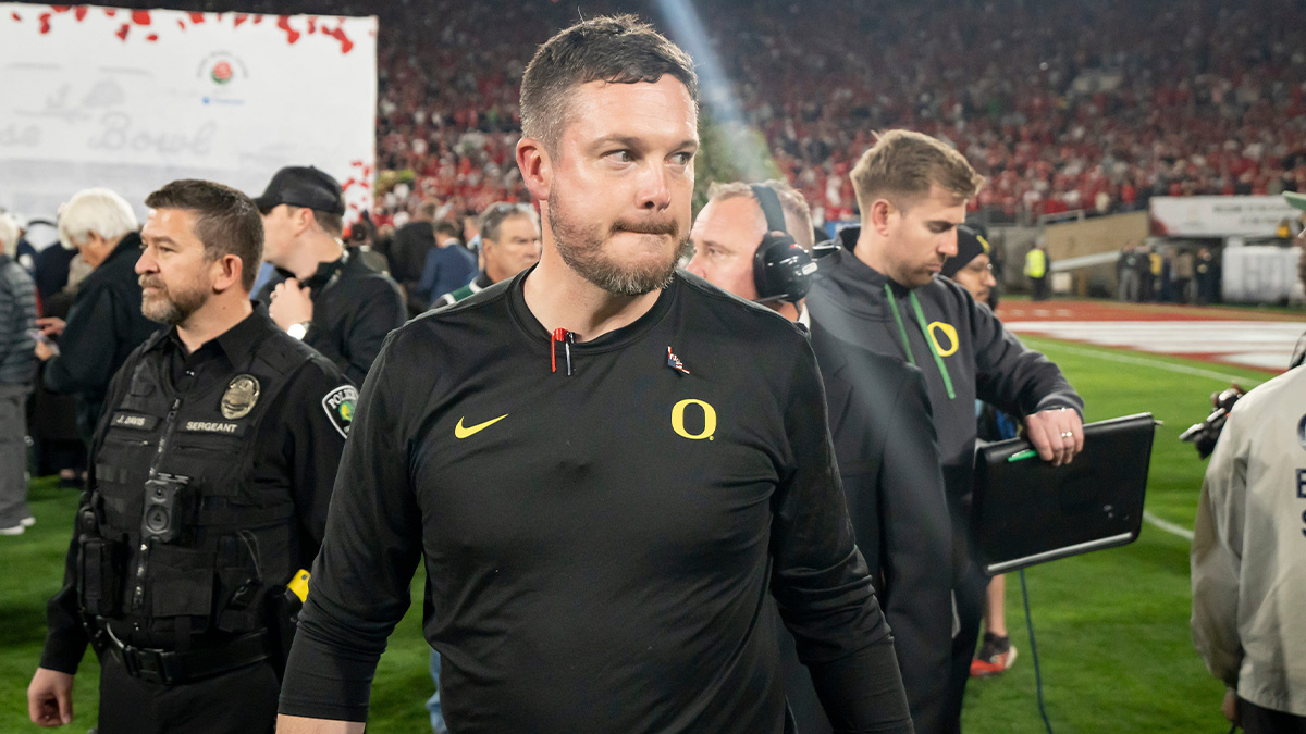 Oregon head coach Dan Lanning walks off the field as the Oregon Ducks face the Ohio State Buckeye, in the quarterfinal of the College Football Playoff at the Rose Bowl in Pasadena, Calif.