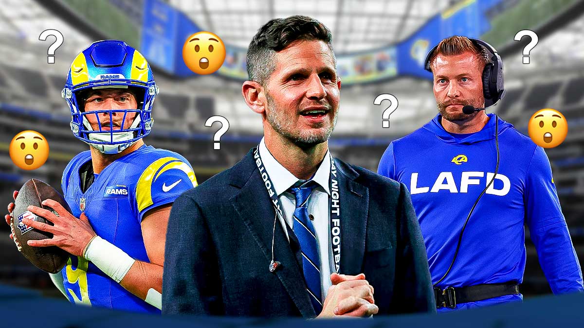 Dan Orlovsky with Rams coach Sean McVay and Matthew Stafford in a Los Angeles Rams uniform with question marks and astonished face emojis around them as a stafford trade has orlovsky confused as to the rams motives.