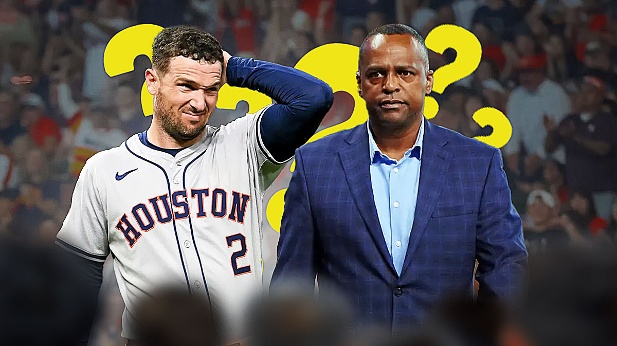 Alex Bregman in a Houston Astros uniform with Astros' GM Dana Brown and both surrounded by a few question marks.