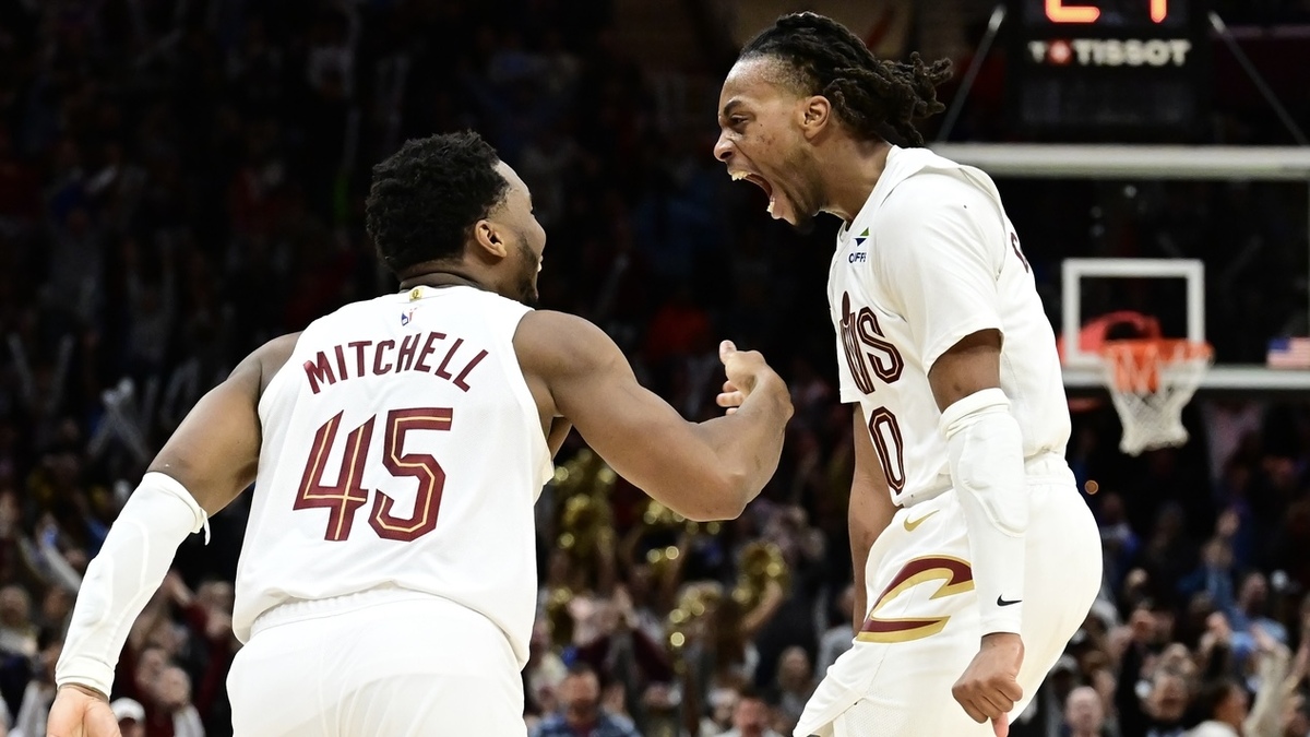 Cleveland Cavaliers Guard Donovan Mitchell (45) and guard Darius Garland (10) are celebrated after Mitchell made a basket of three points during the second half against Oklahoma City Thunder at rocket mortgagemakers.