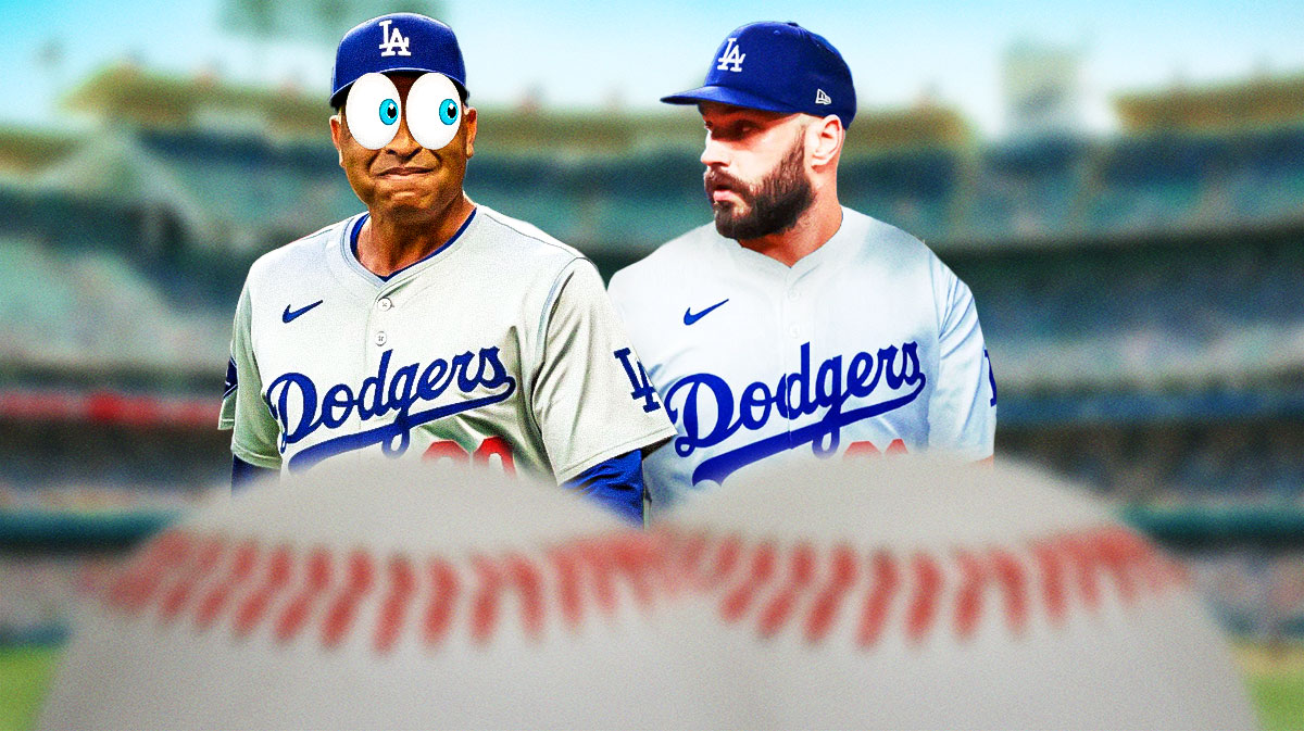 Dodgers Dave Roberts with emoji eyes looking at Tanner Scott