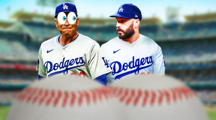 Dodgers Dave Roberts with emoji eyes looking at Tanner Scott