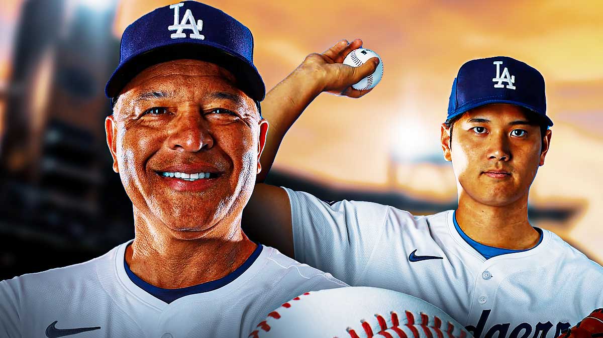 Dodgers manager Dave Roberts smiling, with Shohei Ohtani pitching next to him.