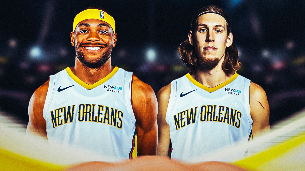 Kelly Olynyk, Bruce Brown, David Griffin, Pelicans, David Griffin Pelicans, Bruce Brown and Kelly Olynyk in Pelicans unis with Pelicans arena in the background