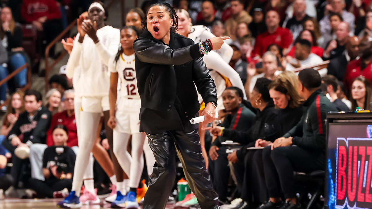 South Carolina Gamecocks head coach Dawn Staley directs her team against the UConn Huskies in the first half at Colonial Life Arena.