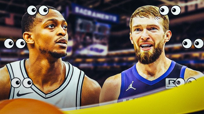 De'Aaron Fox in a Spurs jersey and Domantas Sabonis in a Kings jersey with eye emojis around the picture.