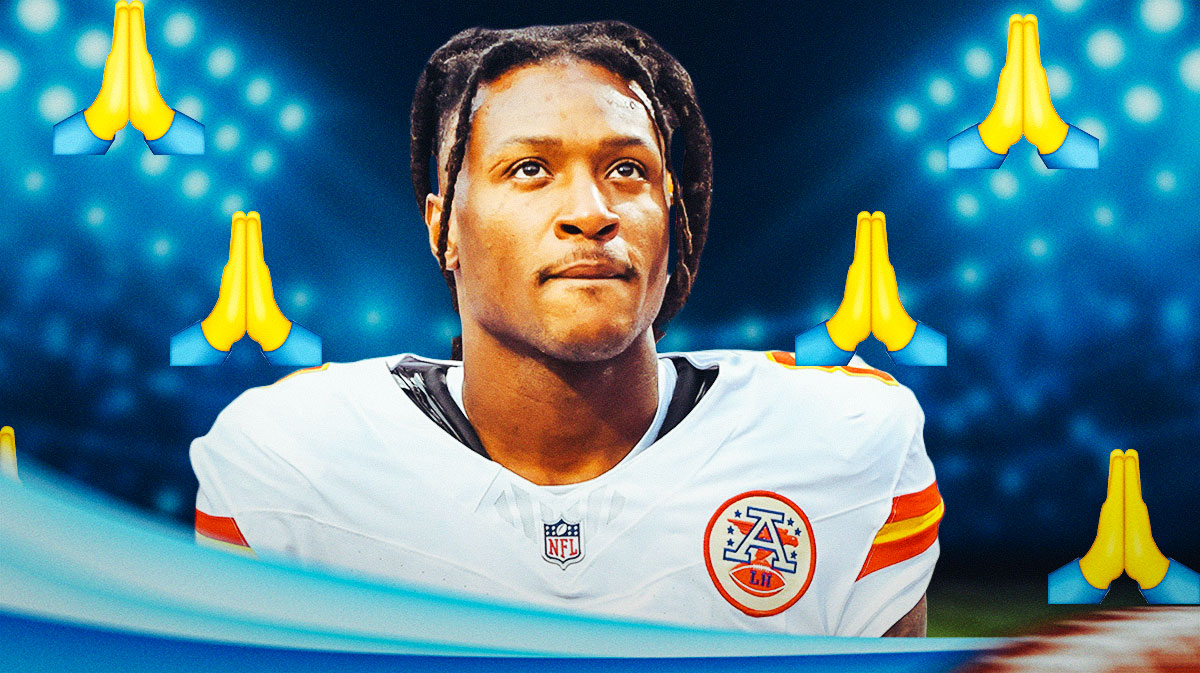 DeAndre Hopkins in a Chiefs jersey with prayer hands around the picture.