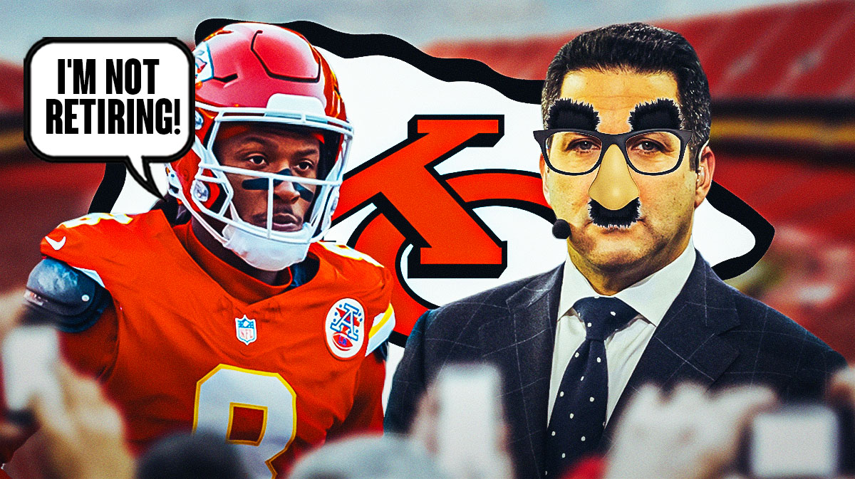 Kansas City Chiefs WR DeAndre Hopkins with a speech bubble that says "I'm not retiring!" He is next to ESPN's Adam Schefter wearing disguise glasses. There is also a logo for the Kansas City Chiefs.