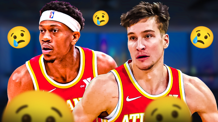 De'Andre Hunter and Bogdan Bogdanovic with sad face emojis around the picture.