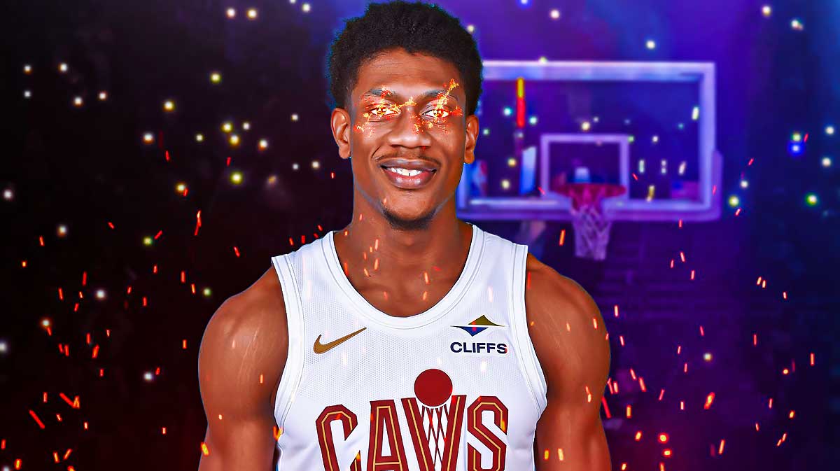 De'Andre Hunter (in a Cavs uniform, with fire in his eyes) featuring a Cavs-Timberwolves-themed BG.