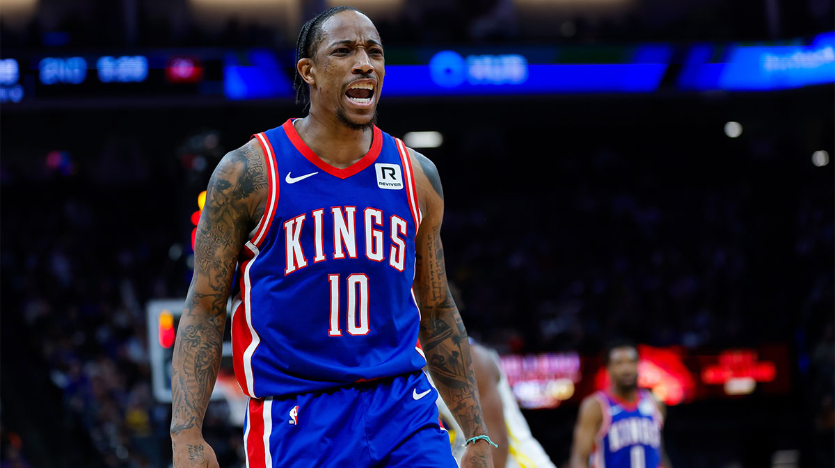 Sacramento Kings forward DeMar DeRozan (10) reacts after a play during the second quarter against the Golden State Warriors at Golden 1 Center. 