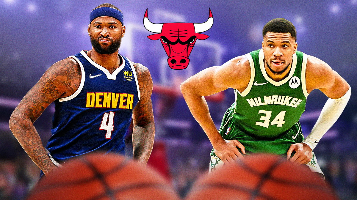 DeMarcus Cousins next to Bulls logo and Giannis Antetokounmpo