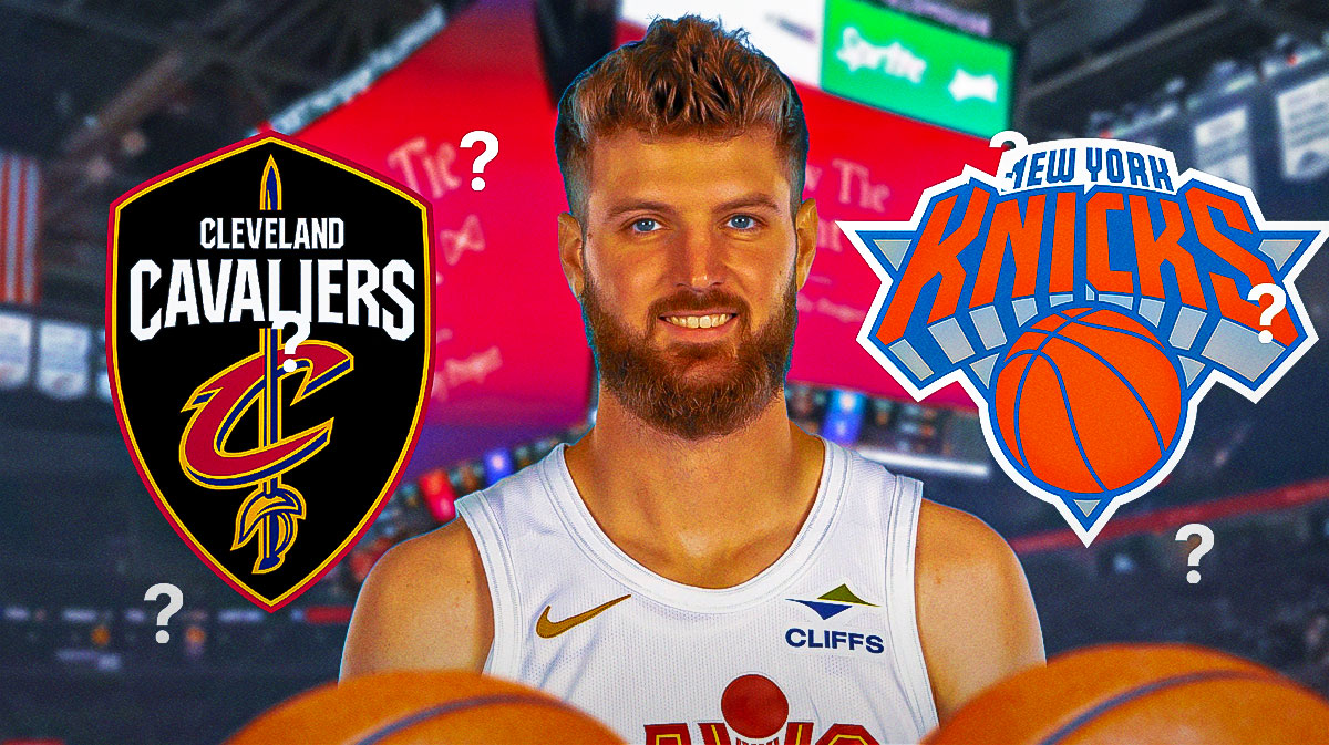 Dean Wade, surrounded by question marks, featuring a Cavs-Knicks-themed BG.