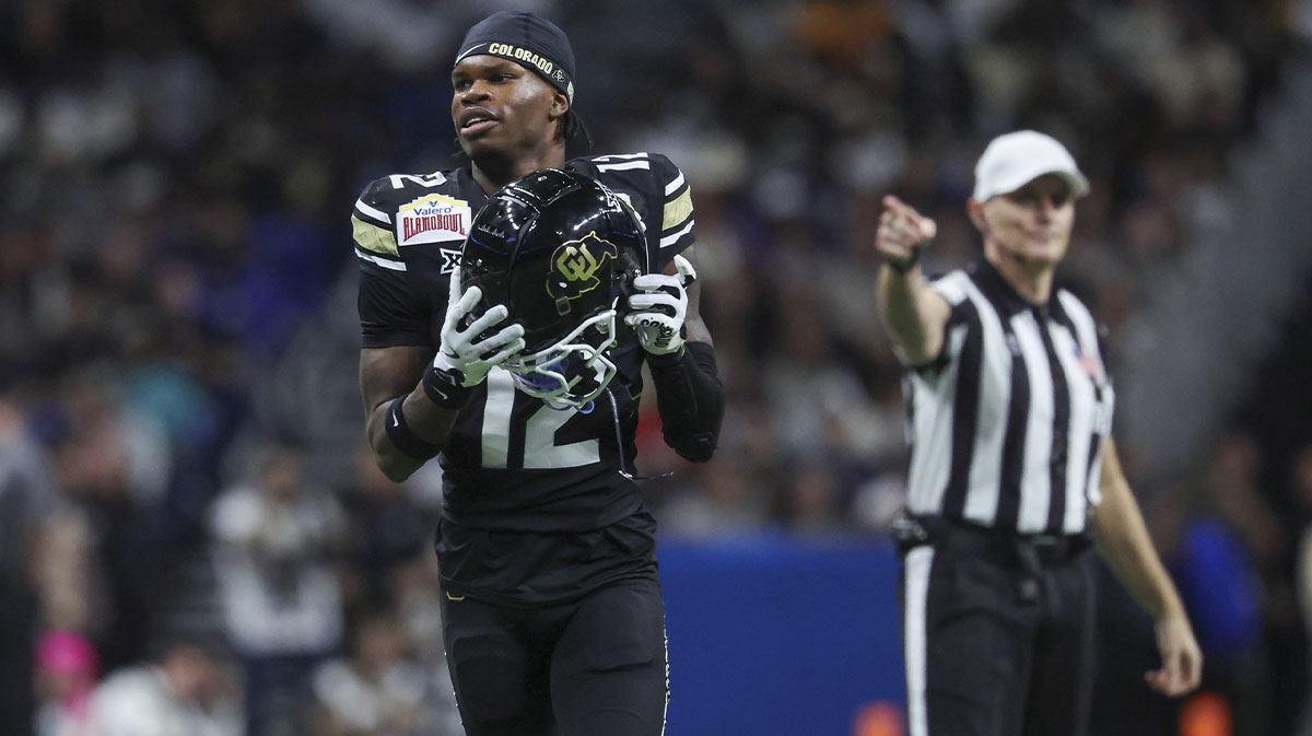 Colorado Buffaloes wide receiver Travis Hunter (12) reacts after a penalty is called during the second quarter against the Brigham Young Cougars at Alamodome.