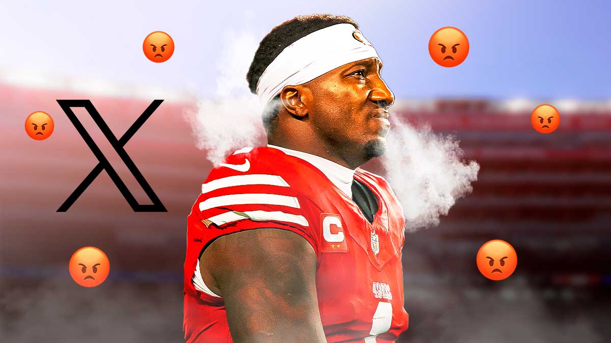 49ers WR Deebo Samuel with steam coming out of nose and ears (angry) with X logo in background. Multiple 😡 emojis sprinkled throughout background. Background is Levi's Stadium.