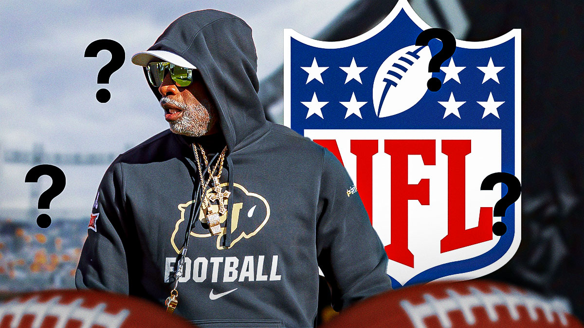 Colorado coach Deion Sanders with the NFL logo behind him and question marks around him.