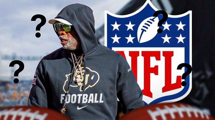 Colorado coach Deion Sanders with the NFL logo behind him and question marks around him.