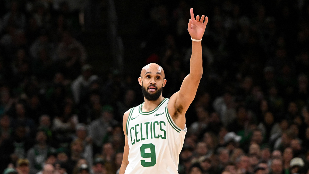 Boston Celtics guard Derrick White (9) reacts after making a three-point basket against the San Antonio Spurs during the first quarter at the TD Garden.
