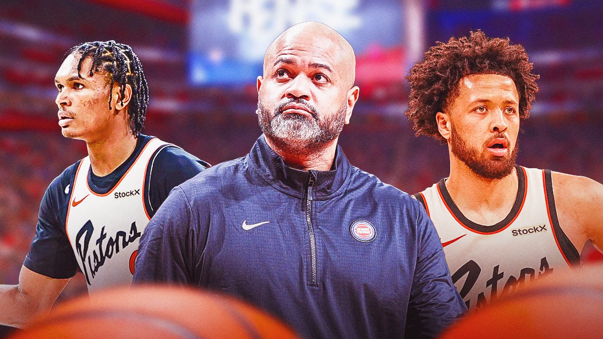 Pistons, JB Bickerstaff, Cade Cunningham, Pistons standings, Pistons record, Cade Cunningham, Ausar Thompson and JB Bickerstaff with Pistons arena in the background