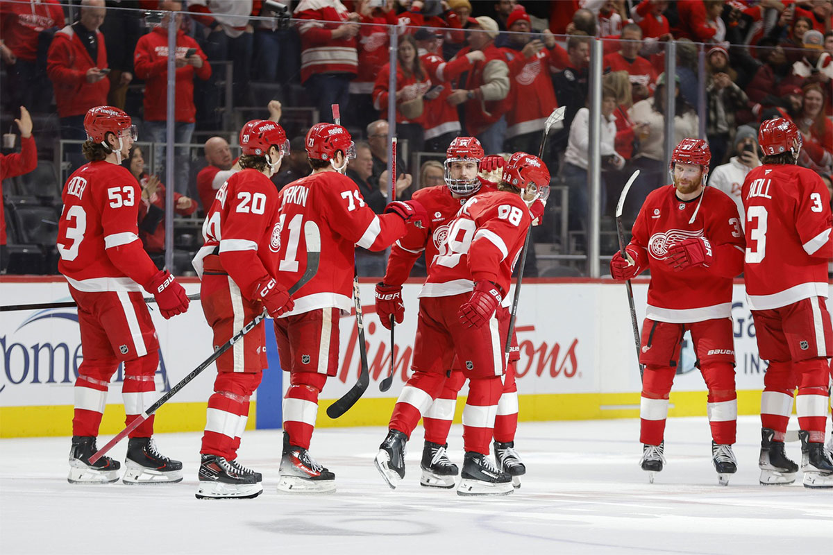 The Detroit Red Wings celebrate their win over the Anaheim Ducks at the end of an overtime period at Little Caesars Arena.