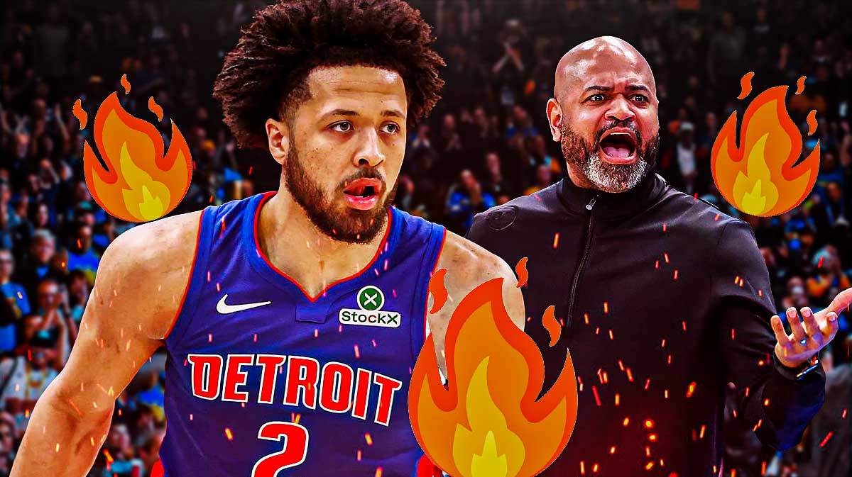 Pistons' Cade Cunningham next to JB Bickerstaff with flame emojis in front of State Farm Arena