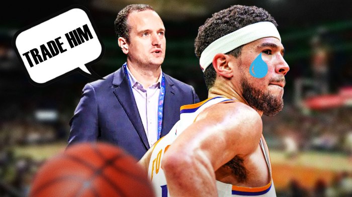 NBA insider Tim Bontemps with a thought bubble that says "Trade him" and Devin Booker is next to him in a Suns jersey, with tears going down his face.