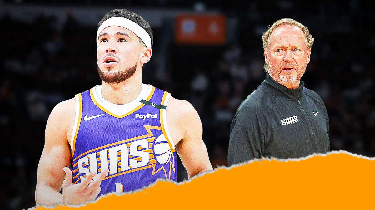 Phoenix Suns star Devin Booker and Mike Budenholzer in front of Footprint Center.
