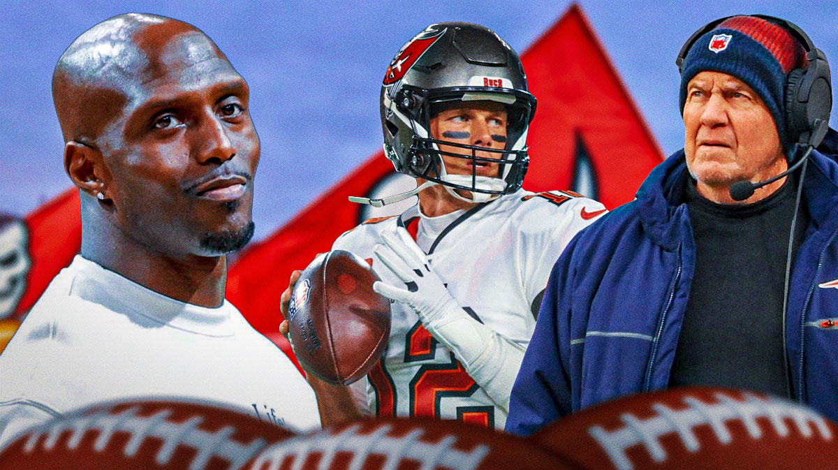 Devin McCourty looking at Tom Brady in a Buccaneers jersey, and Bill Belichick in Patriots gear.