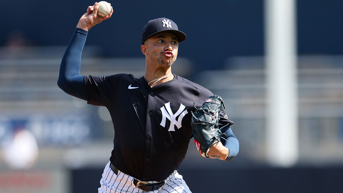 New York Yankees relief pitcher Devin Williams (38) participates in spring training workouts at George M. Steinbrenner Field. 