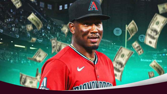 Diamondbacks' Geraldo Perdomo smiling, with dollars falling from the sky
