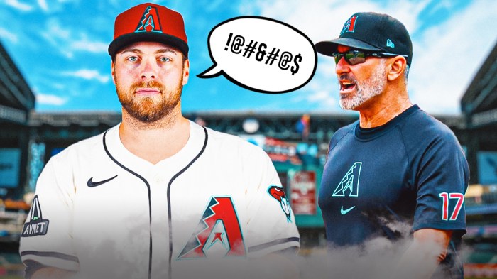 Diamondbacks' Corbin Burnes with speech bubble containing grawlix on him, with Torey Lovullo smiling