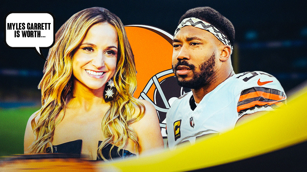 NFL insider Dianna Russini with a speech bubble that says "Myles Garrett is worth..." She is next to Cleveland Browns DE Myles Garrett. There is also a logo for the Cleveland Browns.