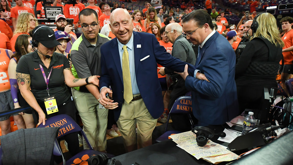 Feb 8, 2025; Clemson, South Carolina, USA; Clemson University student fans welcome ESPN commentator Dick Vitale before the game between the Clemson Tigers and the Duke Blue Devils at Littlejohn Coliseum.