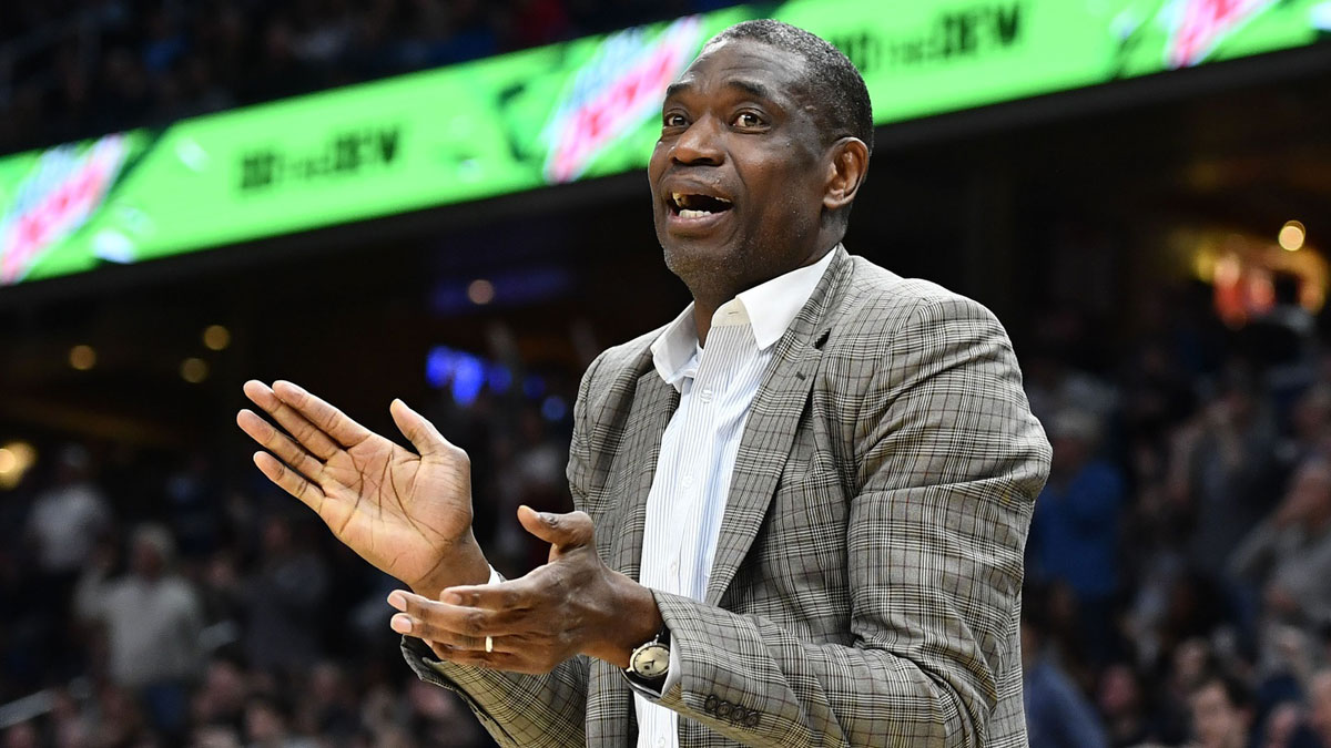 Georgetown Hoyas former player Dikembe Mutombo at the game against the Villanova Wildcats during the second half at Capital One Arena.