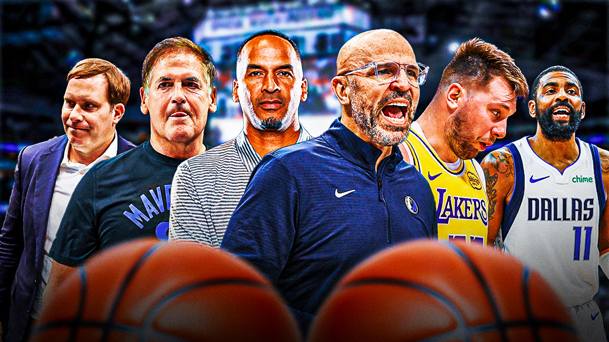 Nico Harrison, Mark Cuban, Patrick Dumont, Mavericks Kyrie Irving, Lakers Luka Doncic all looking serious in the American Airlines Center.